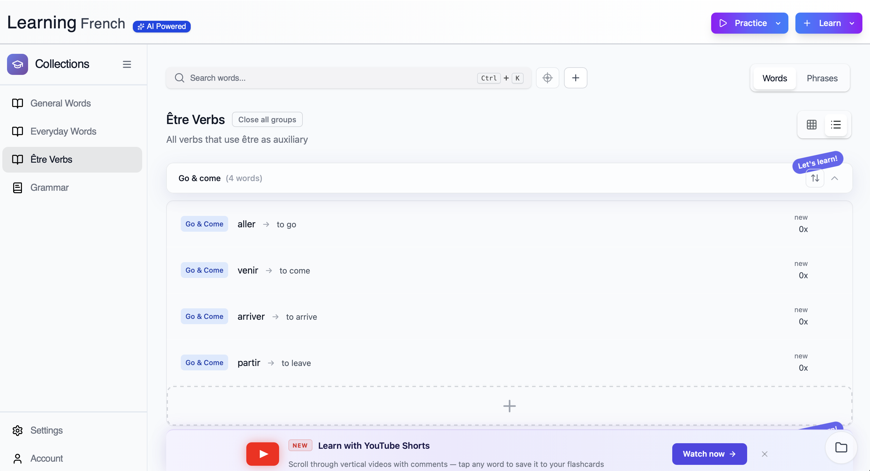uLearn collections view showing the Verbs with être French grammar collection