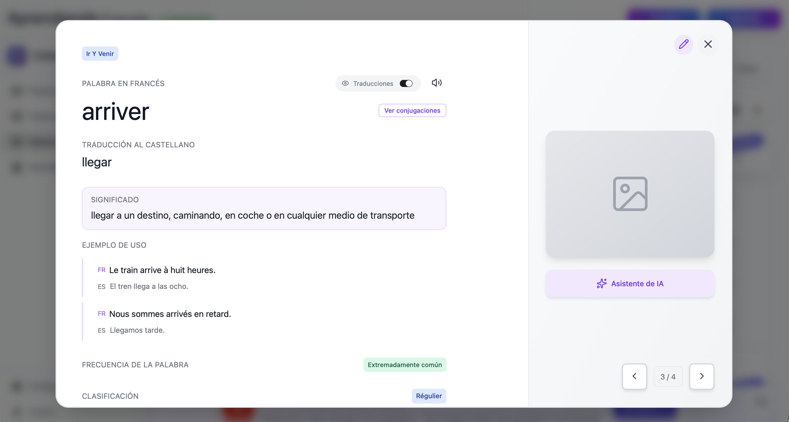Detalle de flashcard de uLearn para el verbo francés arriver, con traducción, significado, oraciones de ejemplo y frecuencia de uso