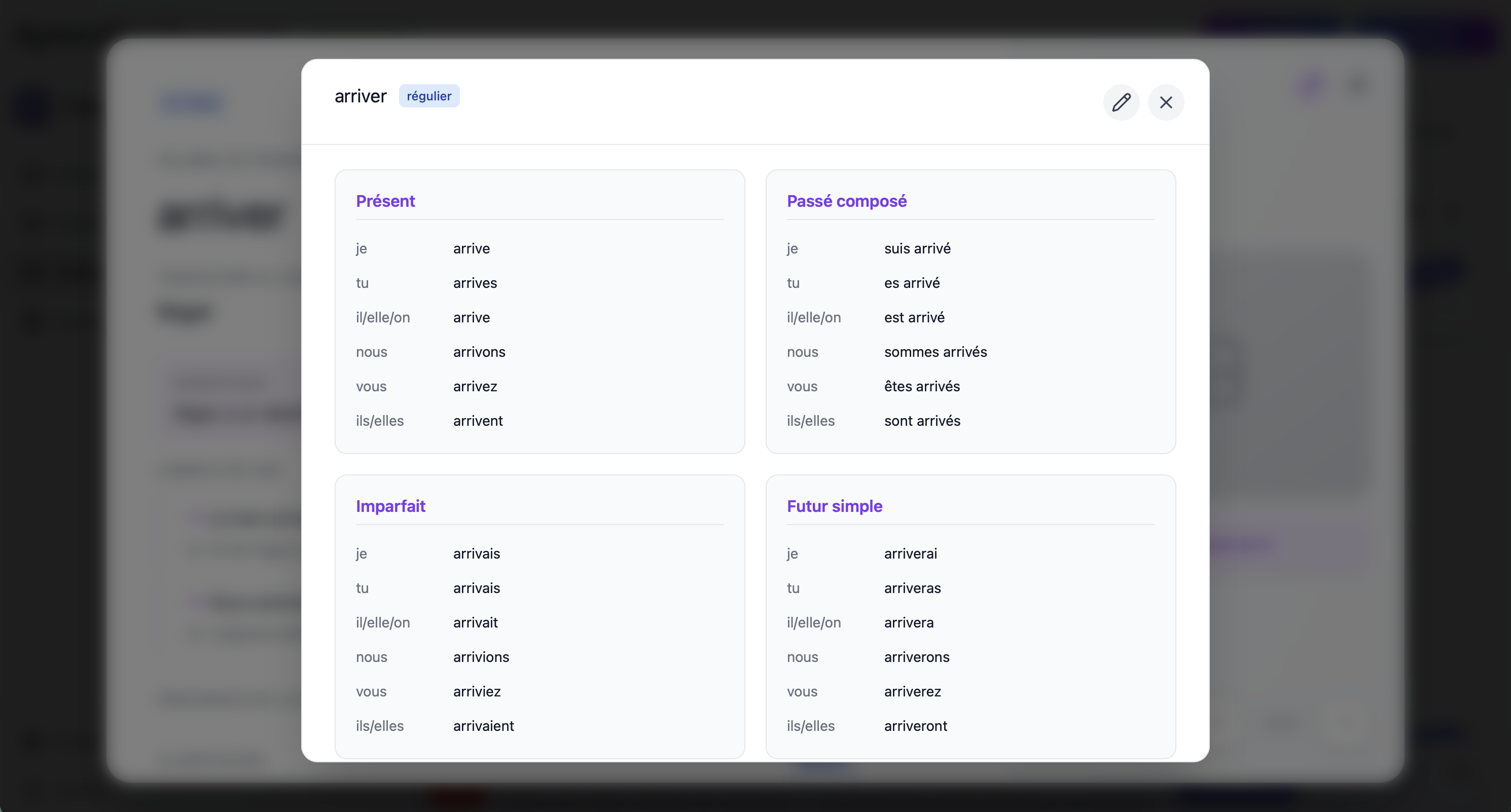 Tabla de conjugación del verbo francés arriver en présent, passé composé, imparfait y futur simple